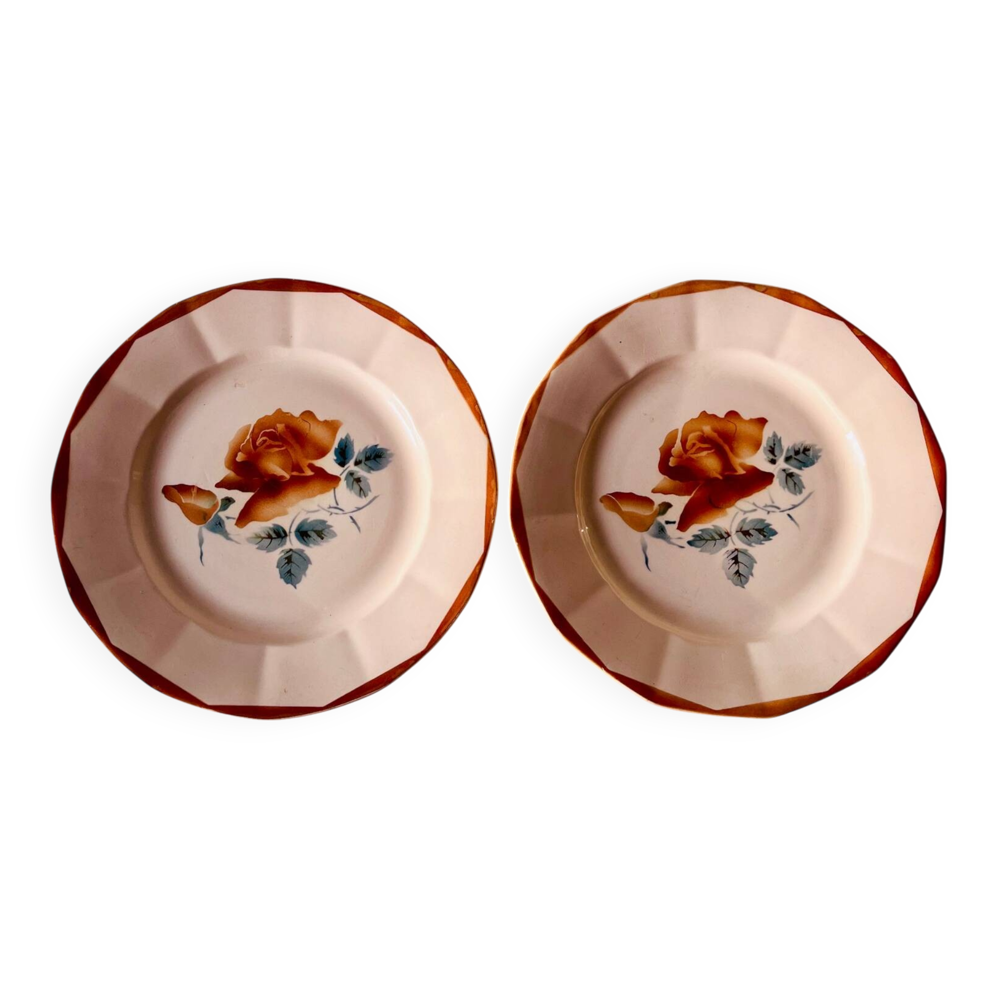 Set of 2 antique Sarreguemines earthenware plates with floral decoration