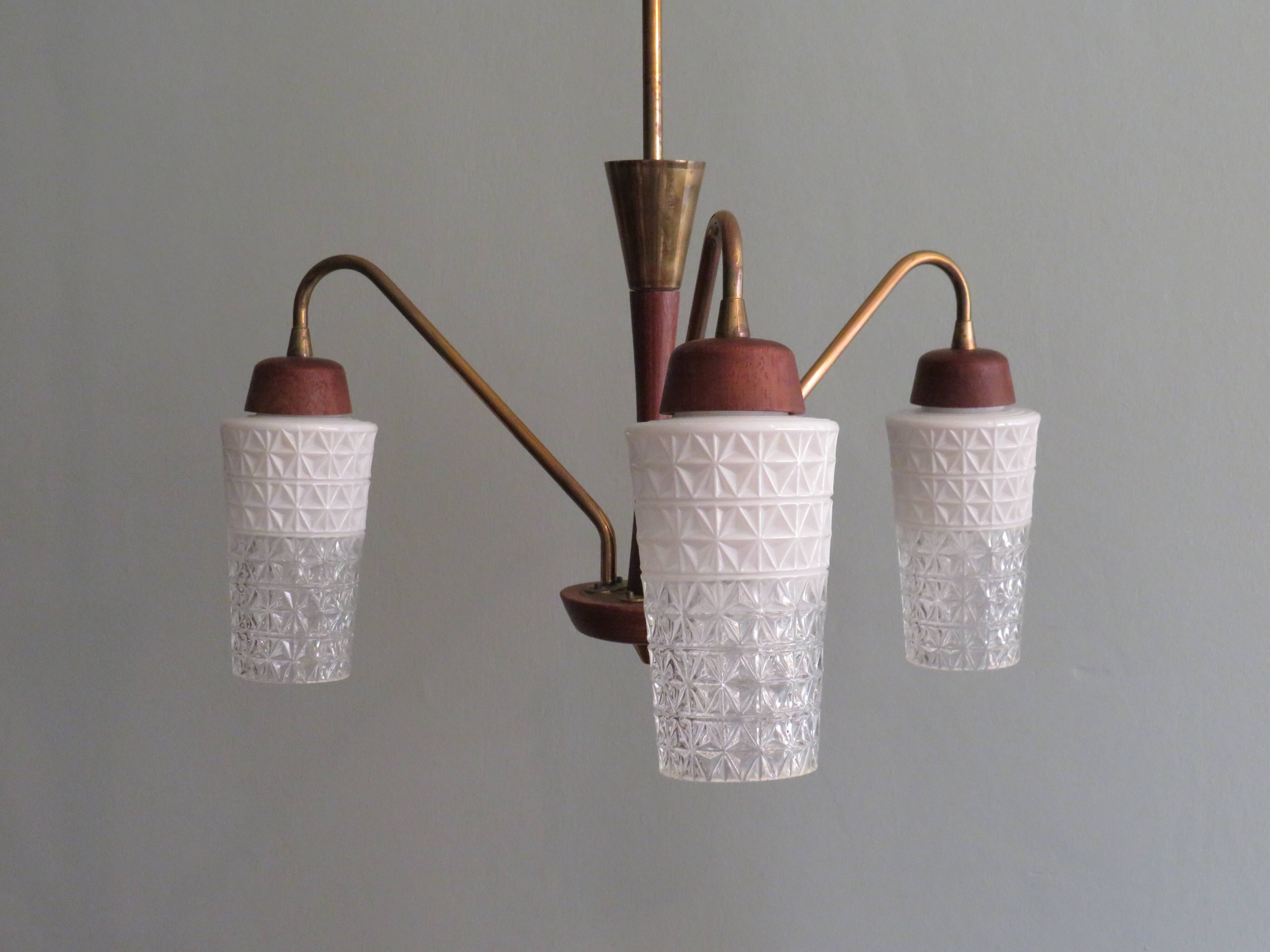 Scandinavian 3-arm chandelier, teak, brass and 1960 glass