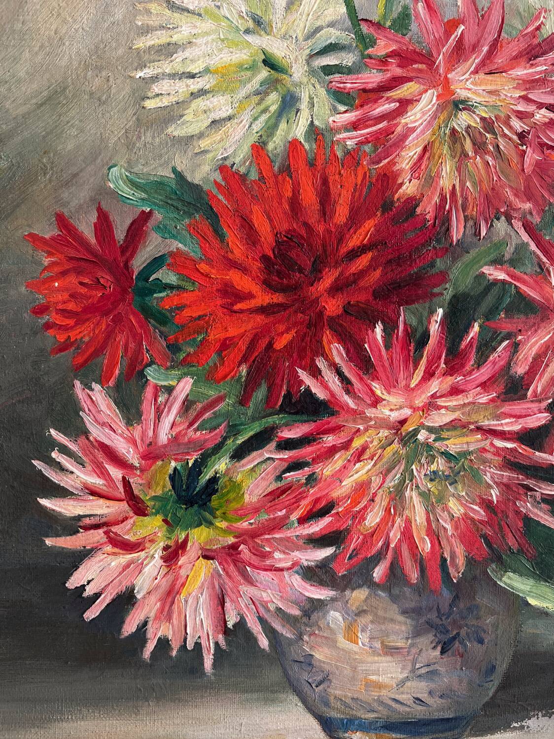 Peinture ancienne tableau huile sur toile fleurs dahlias 