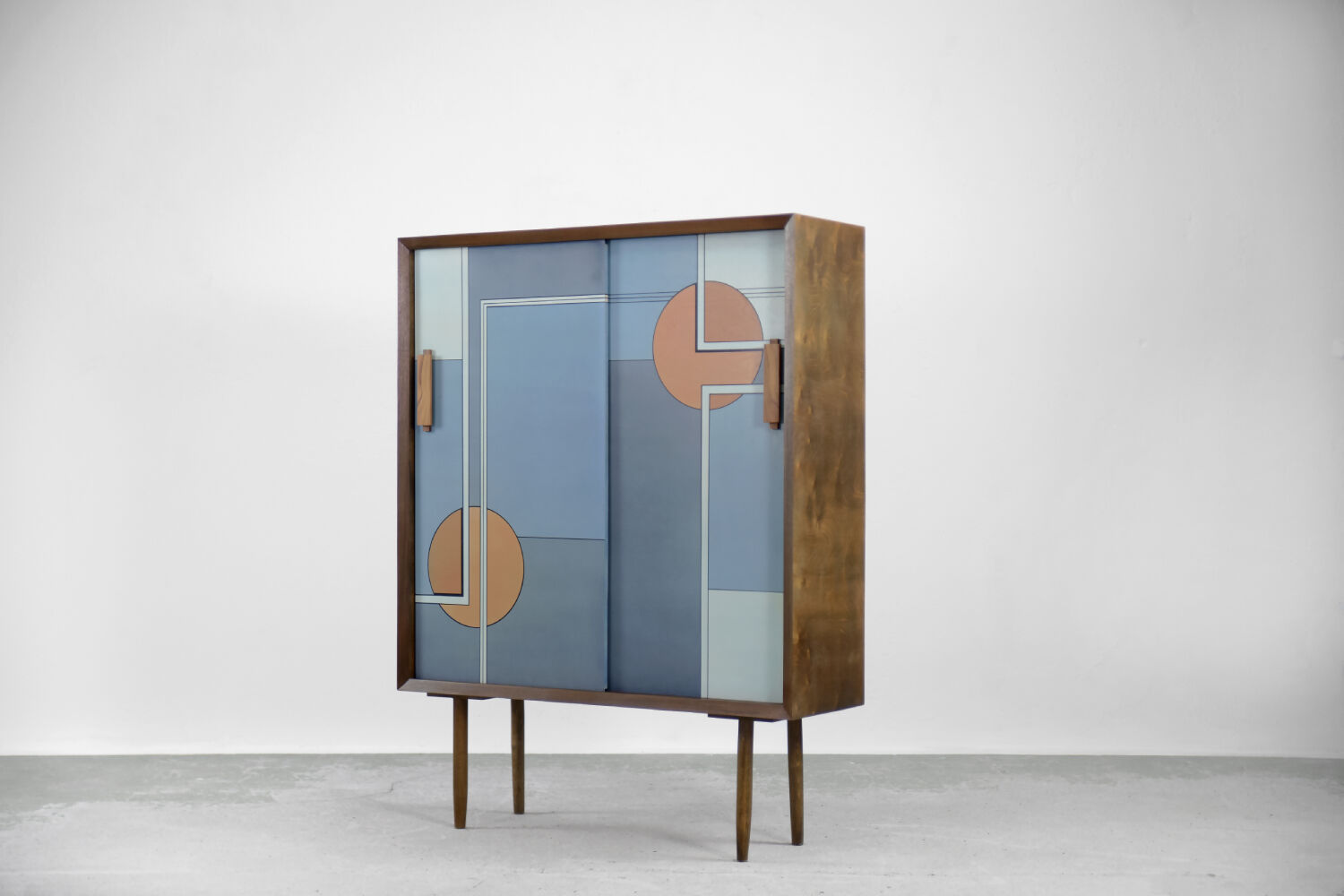 Set of 2 mid-century modern scandinavian hand-painted birch cabinet & sideboard, 1960s