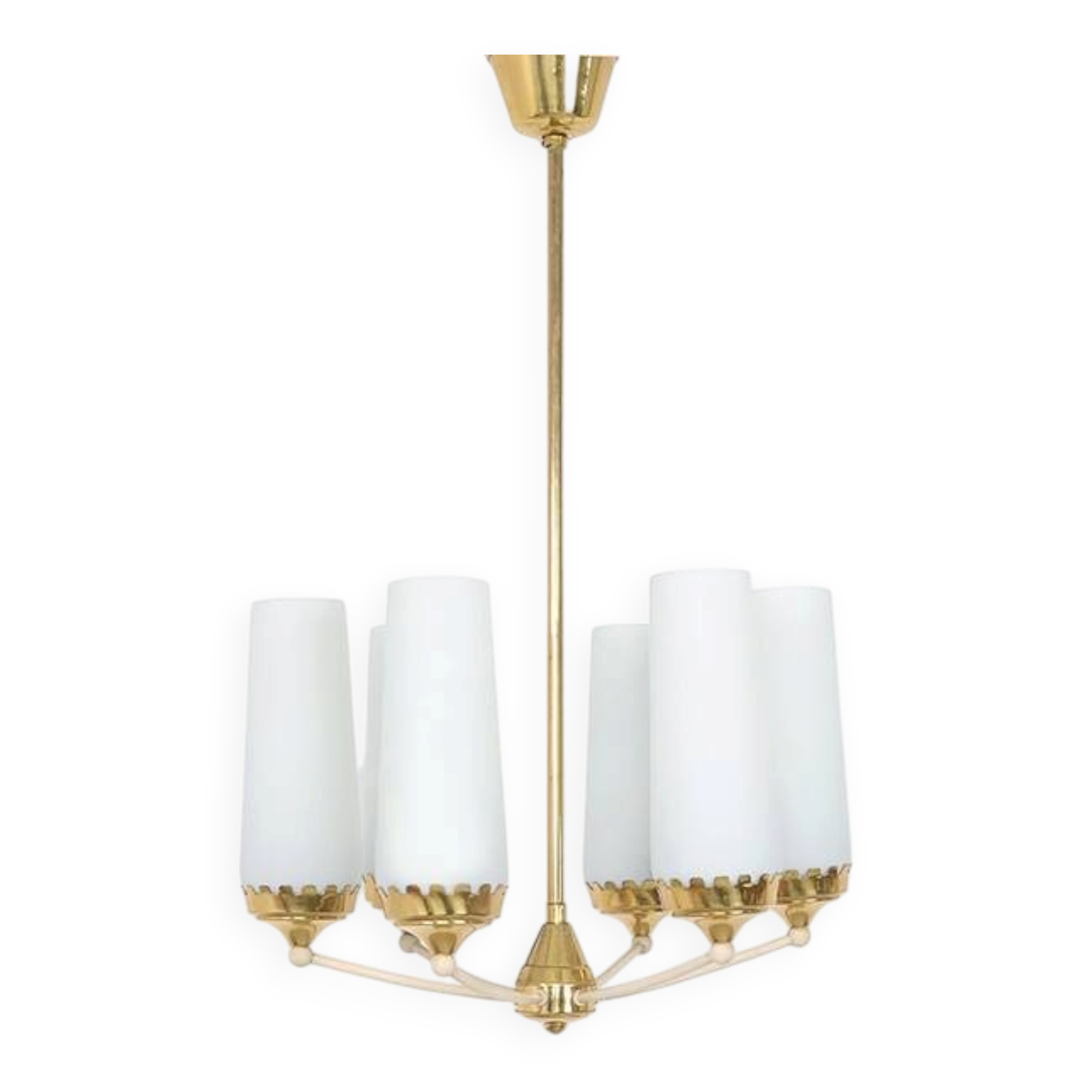 Vintage 6-arm chandelier in brass and milk glass, 1960s