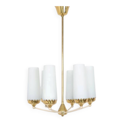 Lustre vintage à 6 bras en laiton et verre opale, années 1960