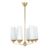 Vintage 6-arm chandelier in brass and milk glass, 1960s