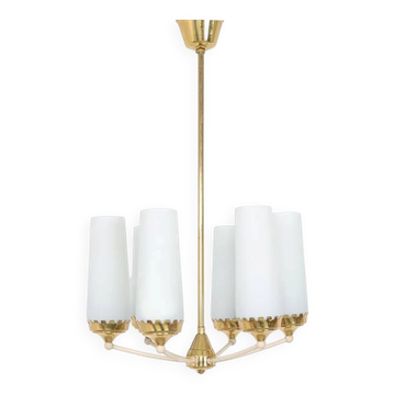 Vintage 6-arm chandelier in brass and milk glass, 1960s