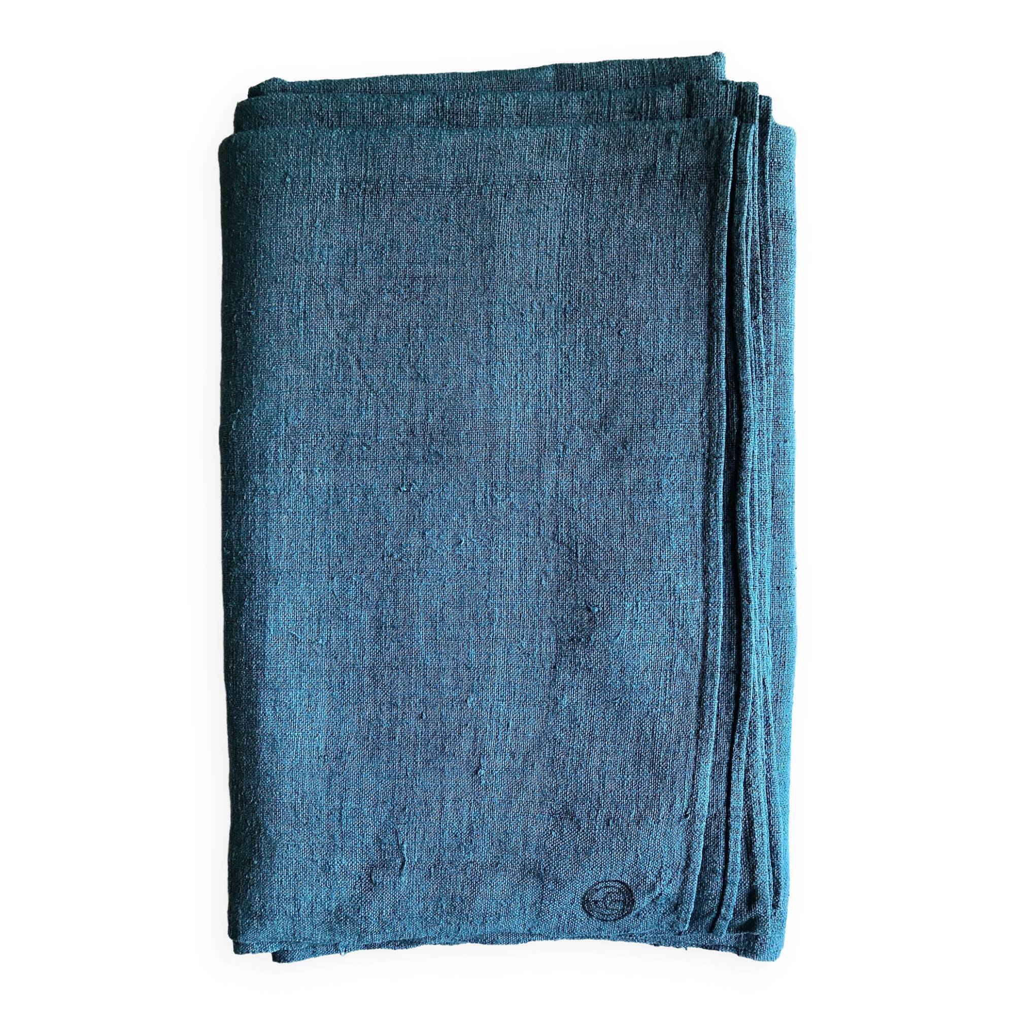 Nappe de vendange en chanvre ancien teint en bleu aquatique