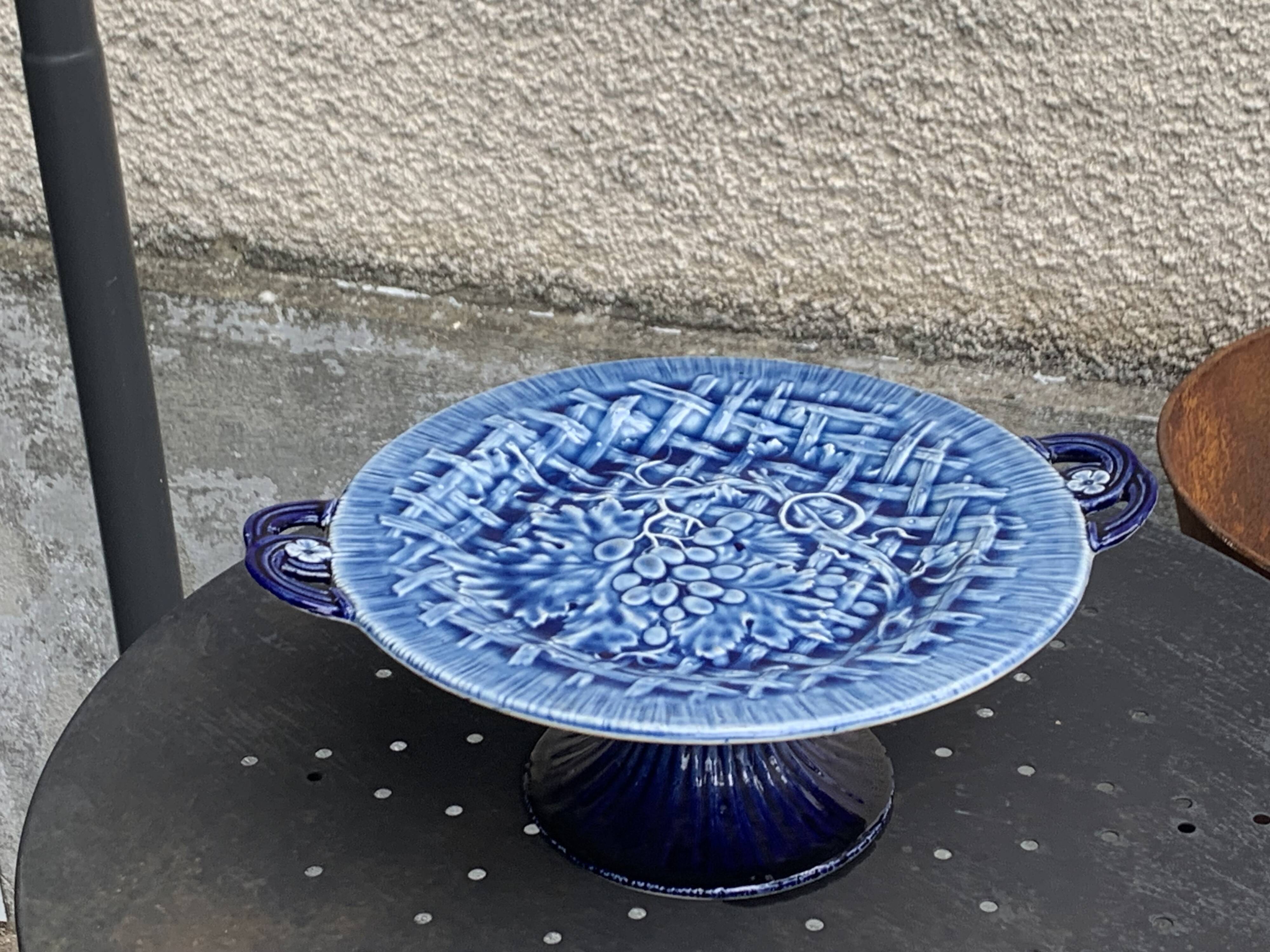 Fruit bowl, blue earthenware compote dish, slip, grape model, HBC