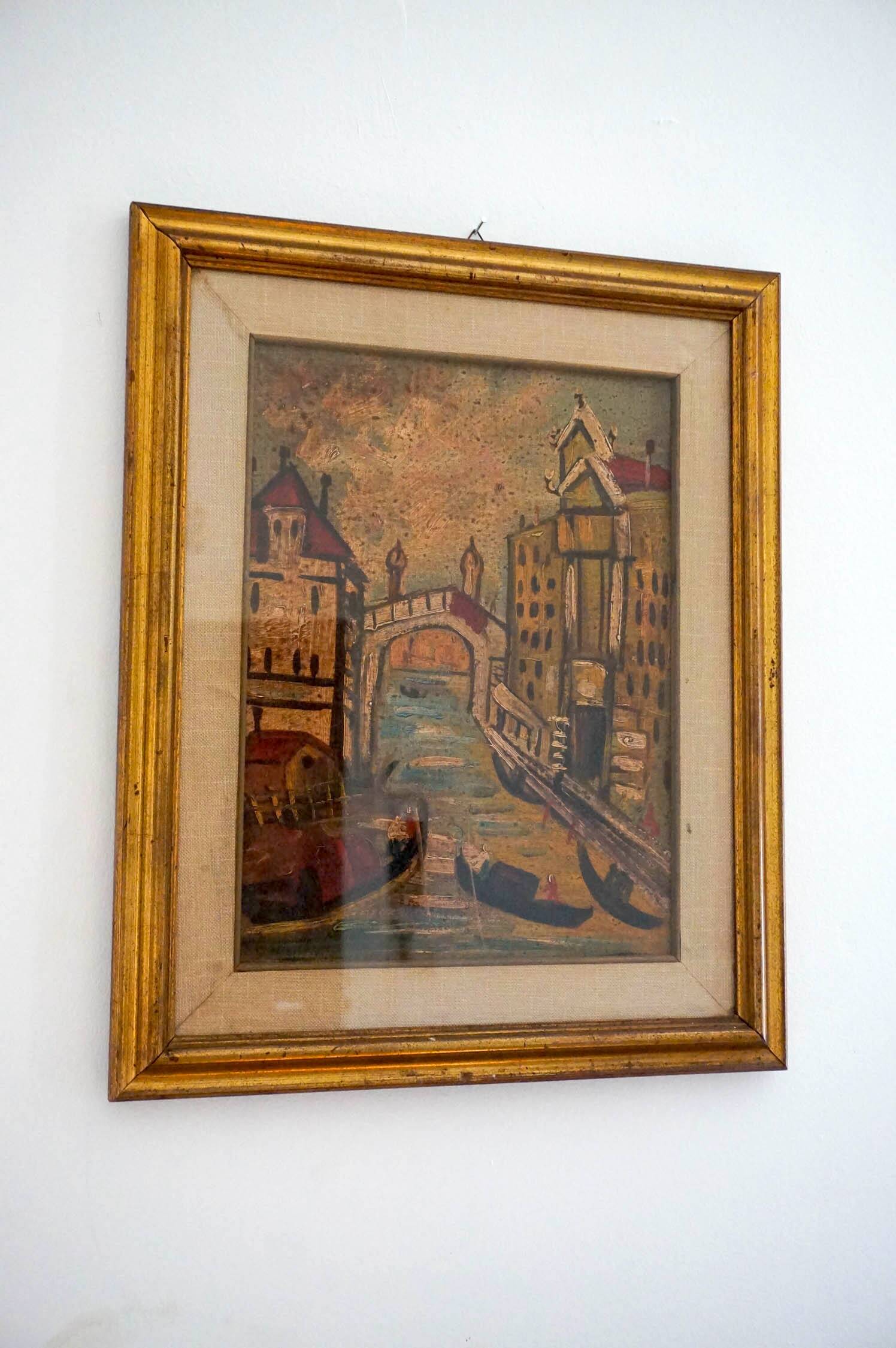 vintage oil painting venice scene * framed canvas * mid-century