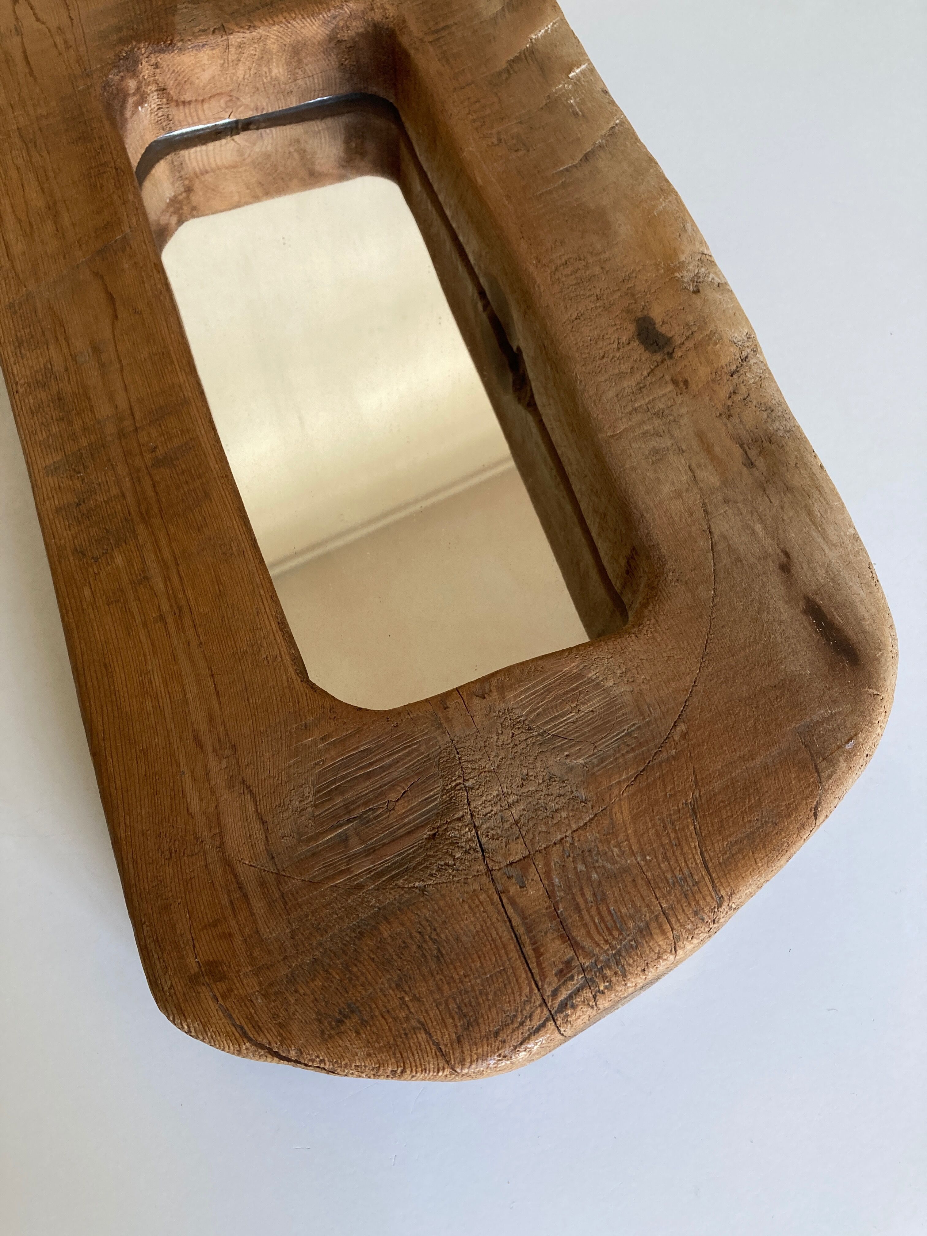Mirror cubist shape in raw wood Formentera 1970