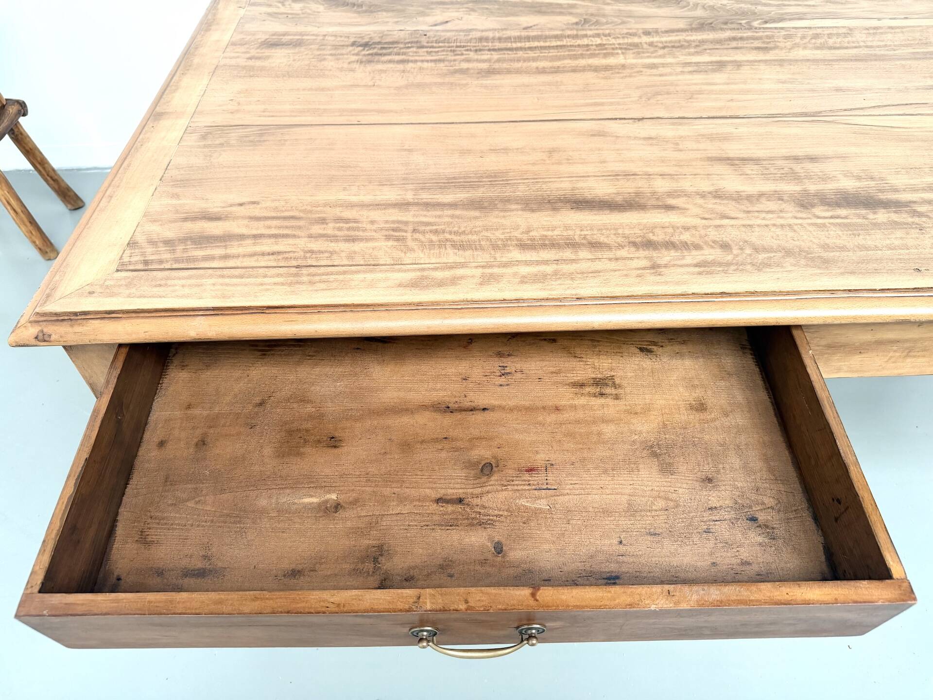 Farm table with 5 feet in beech and 4 drawers, 1950s.
