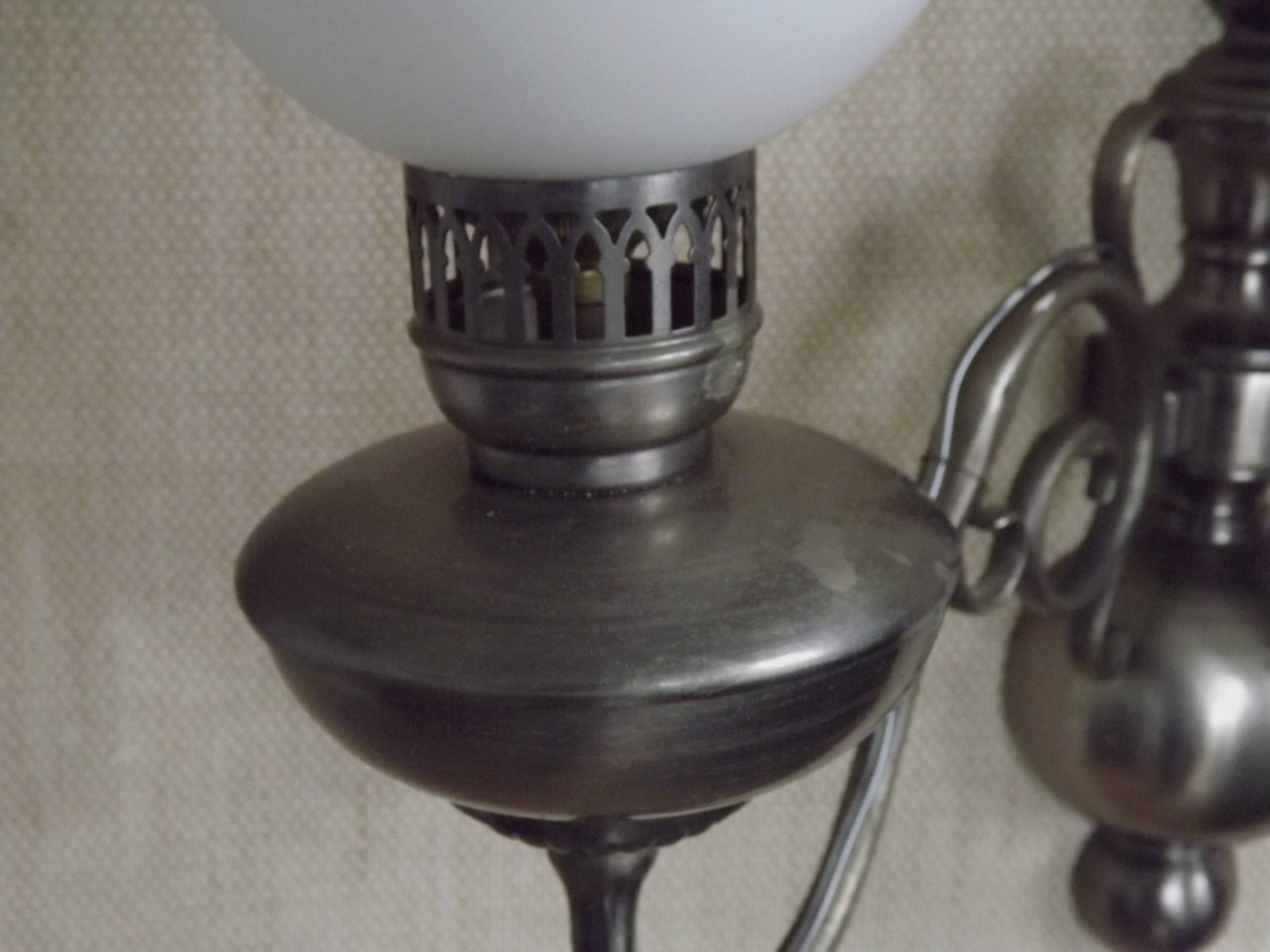 Pair of vintage French silvered Flemish wall sconces, double, with white glass shades 5006.