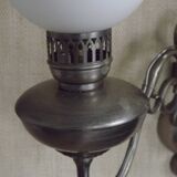 Pair of vintage French silvered Flemish wall sconces, double, with white glass shades 5006.