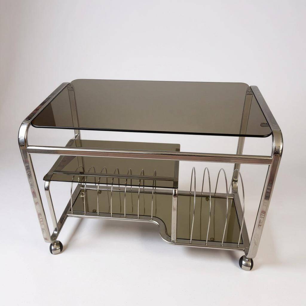 Vintage Space Age 1970s Coffee Table • Black Smoked Glass & Chrome • Magazine Rack