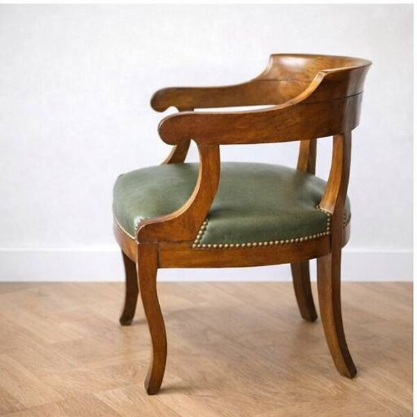 Fauteuil de bureau gondole ancien  bois massif assise imitation cuir vert