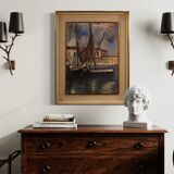 Peinture italienne signée vue sur le port avec des bateaux du 20ème siècle