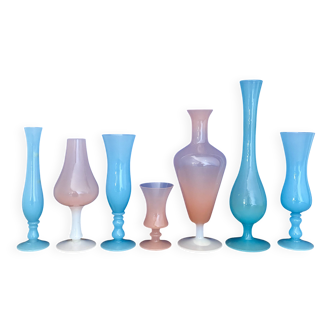 Set of 7 antique vases/soliflores in pink and blue opaline.