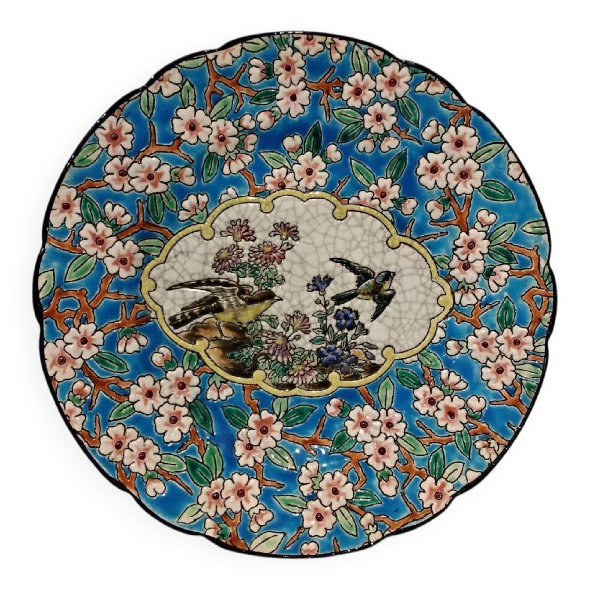 Longwy enamel plate with cartouche of 2 birds and apple blossoms, d188