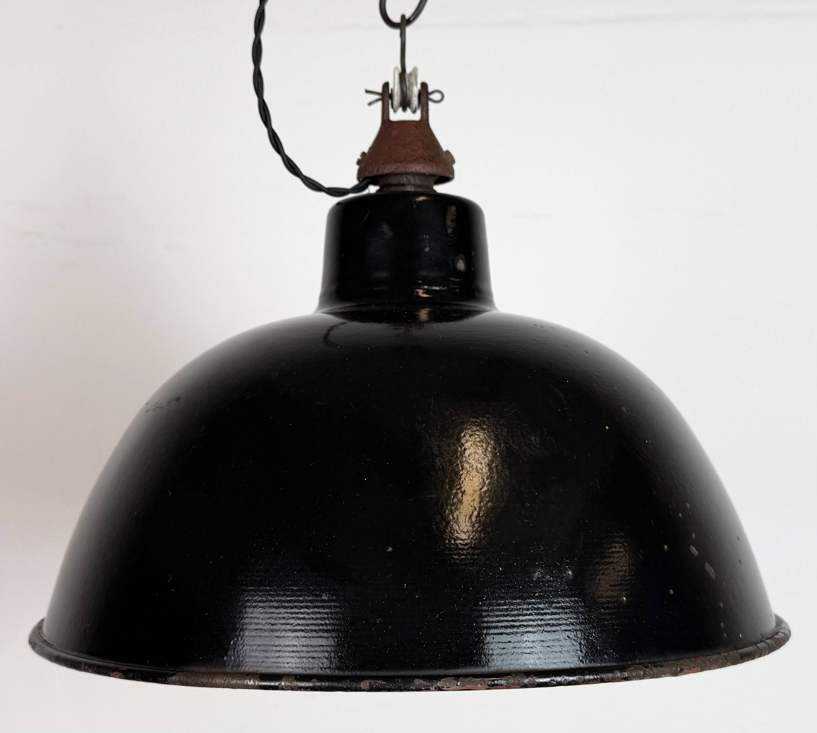 East German Black Enamel Factory Light by LBD Veb Leuchtenbau Dresden, 1950