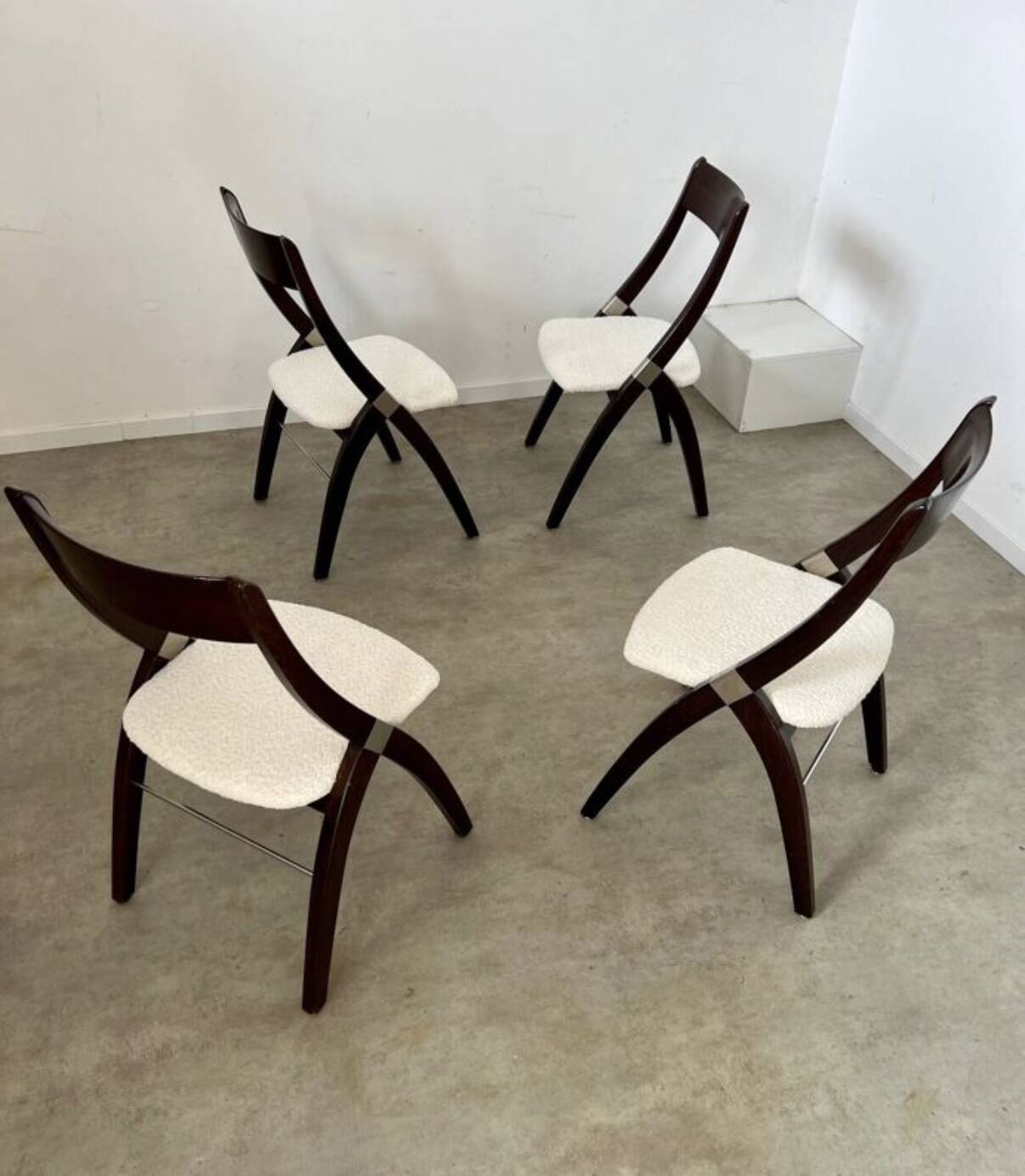 Set of 4 vintage 70s Italian design wooden and terry chairs