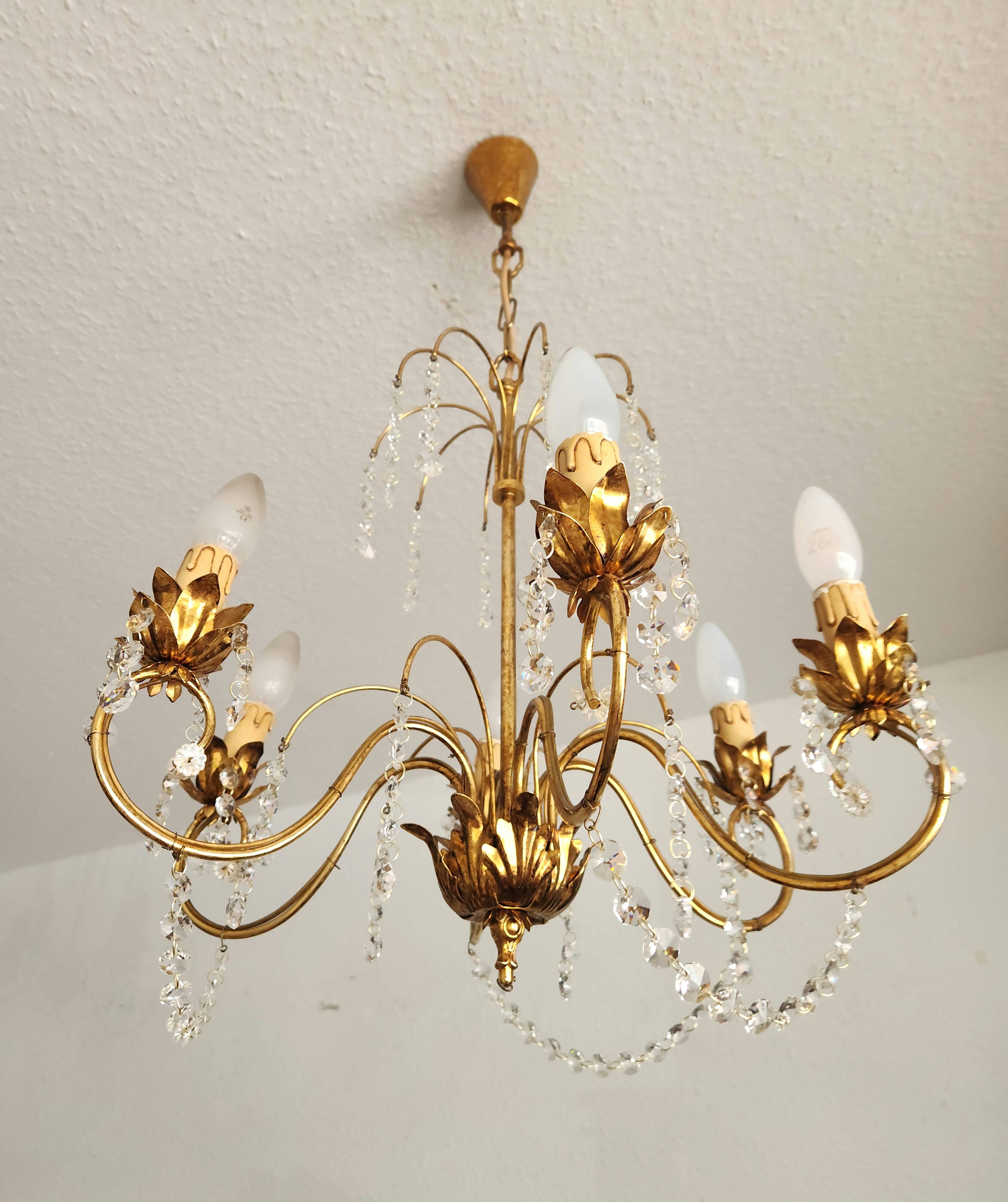 Messing doré lustre à 6 lumières lampe cristal cascade 1950-1970
