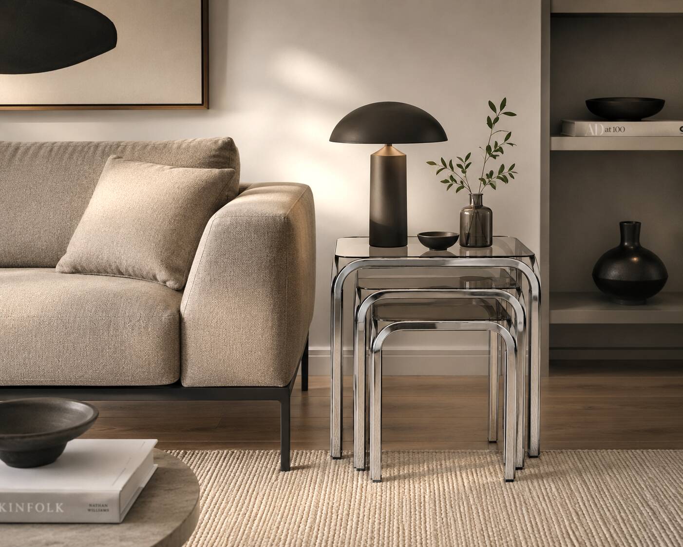 Set of 3 nesting tables, chrome and smoked glass, 1970s.