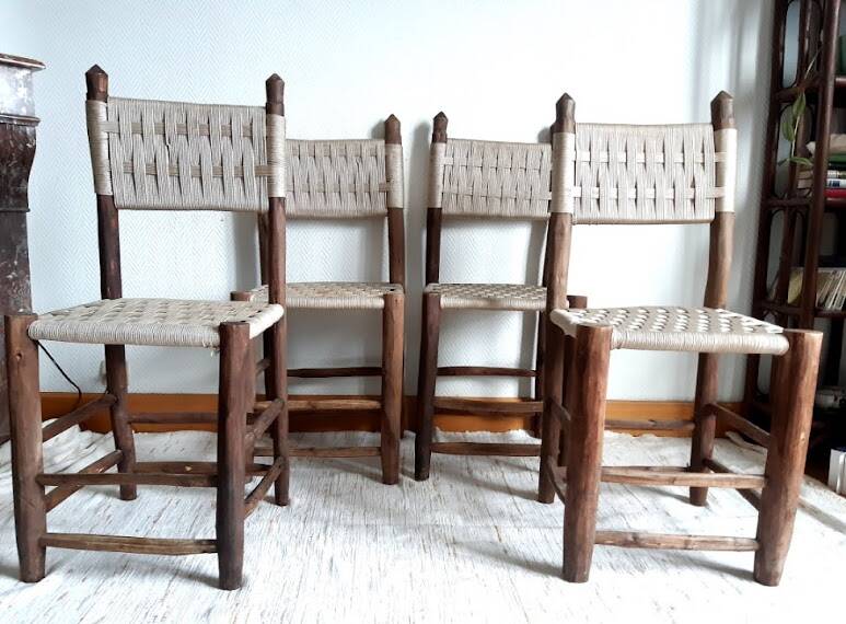 Brutalist wooden and rope chairs