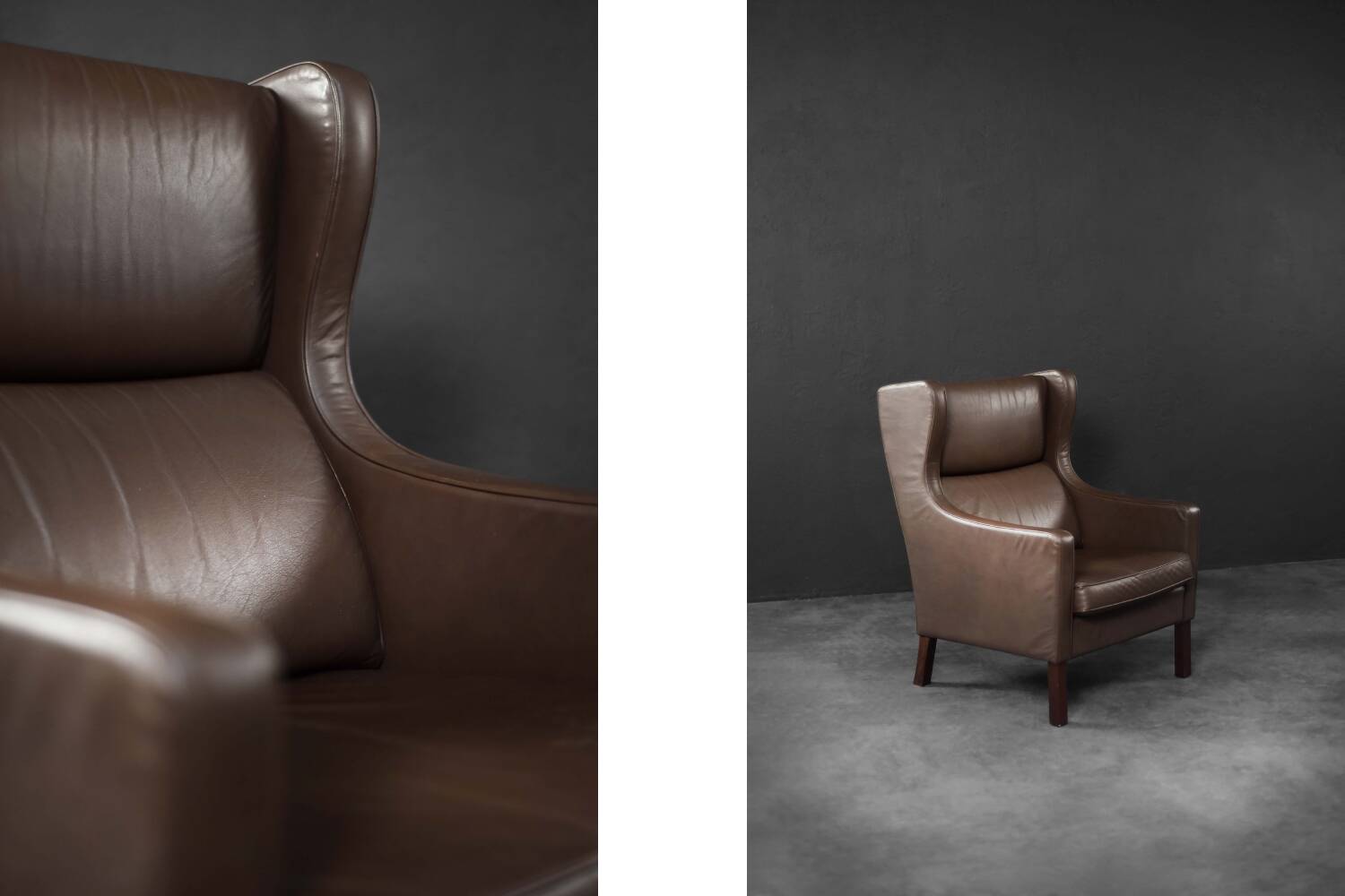 Brown leather wingback chair in mid-century modern Danish style, 1960s.