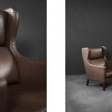 Brown leather wingback chair in mid-century modern Danish style, 1960s.