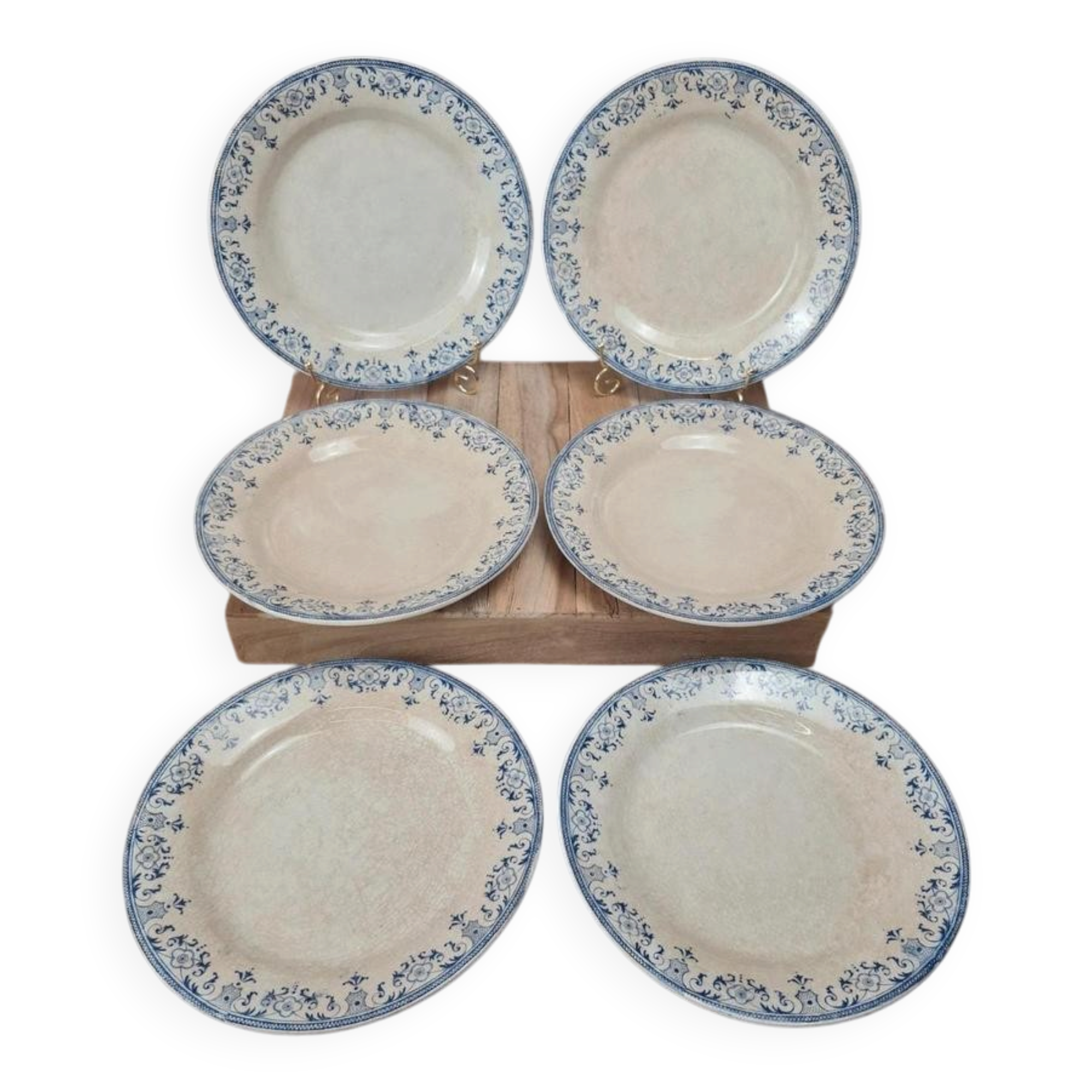 Set of 6 antique flat plates from Creil and Montereau, La Vallières service, 23 cm