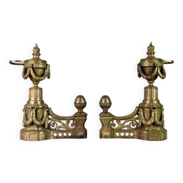 Paire De Chenets De Style Louis XVI En Bronze Doré, XIXème Siècle