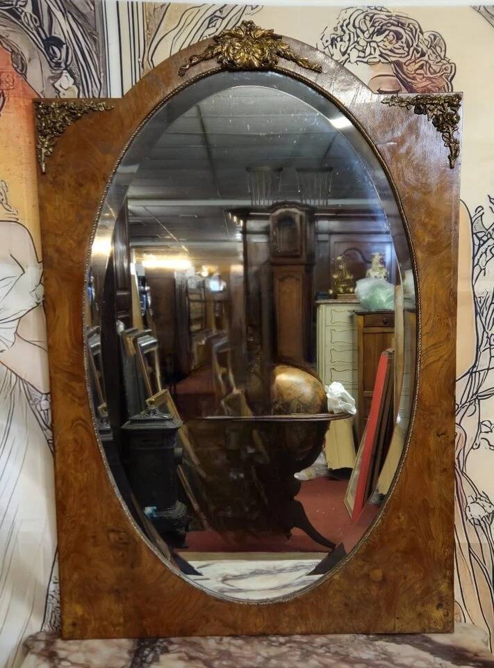 Miroir époque Napoléon III, seconde moitié du XIXe siècle en loupe et bronz