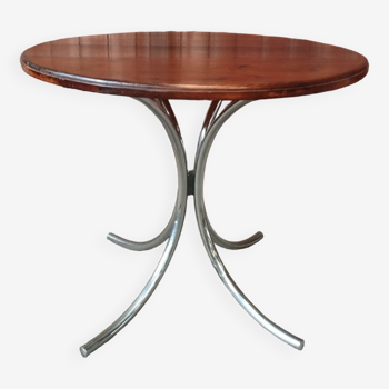 Table ronde vintage chrome et bois massif