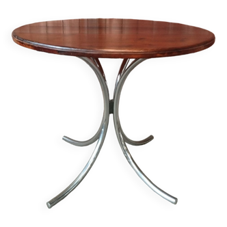 Table ronde vintage chrome et bois massif