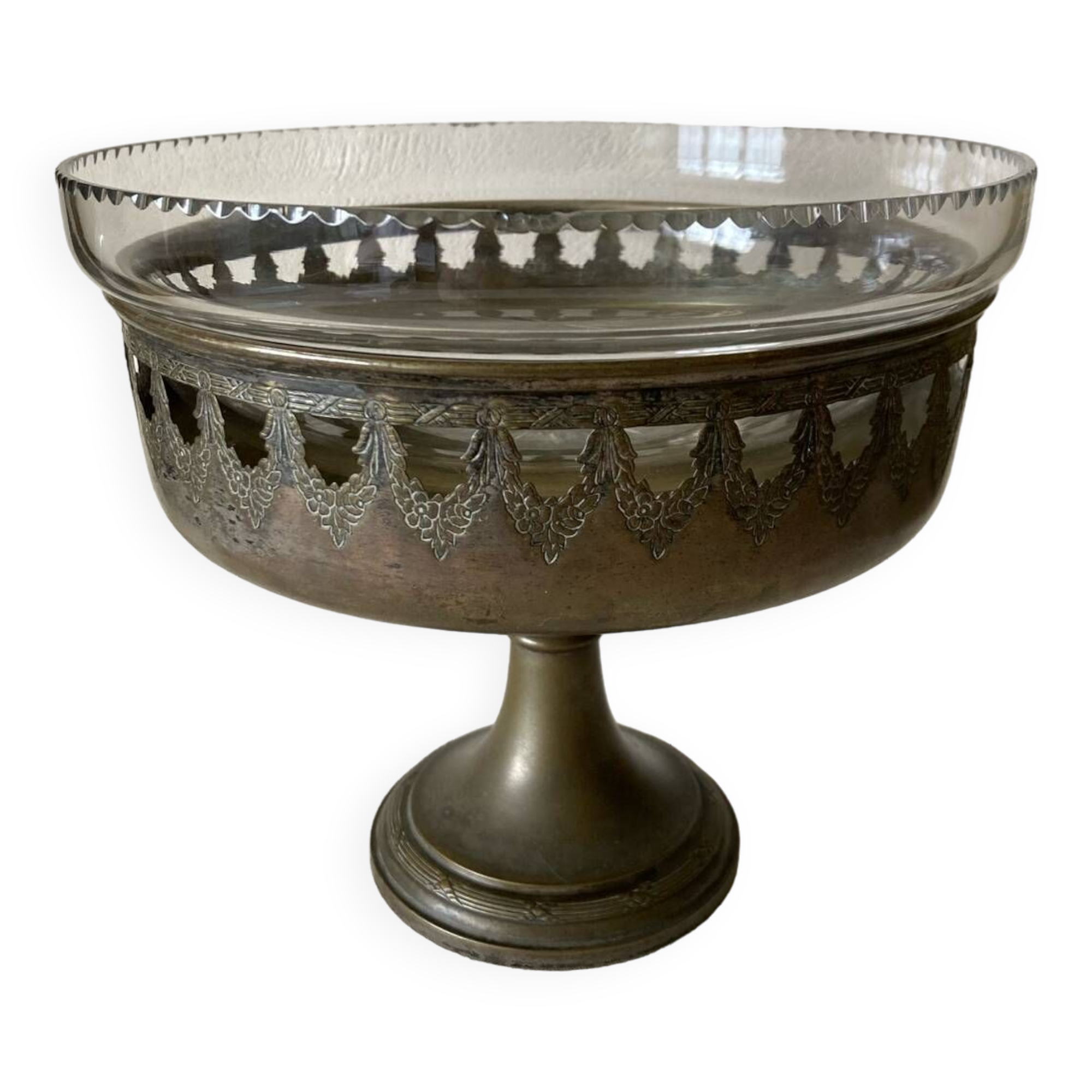 Antique crystal fruit bowl on a brass pedestal