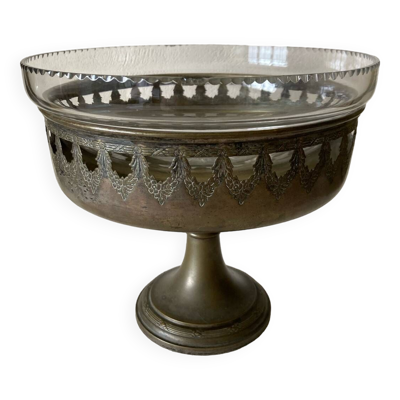 Ancienne coupe à fruit en cristal sur piédouche en laiton