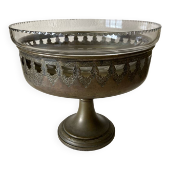 Old crystal fruit bowl on brass pedestal