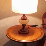 Table lamp foot turned wood and alabaster, round ecru lampshade, 50s