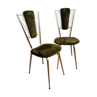 Pair of retro faux fur green and gilded metal chairs