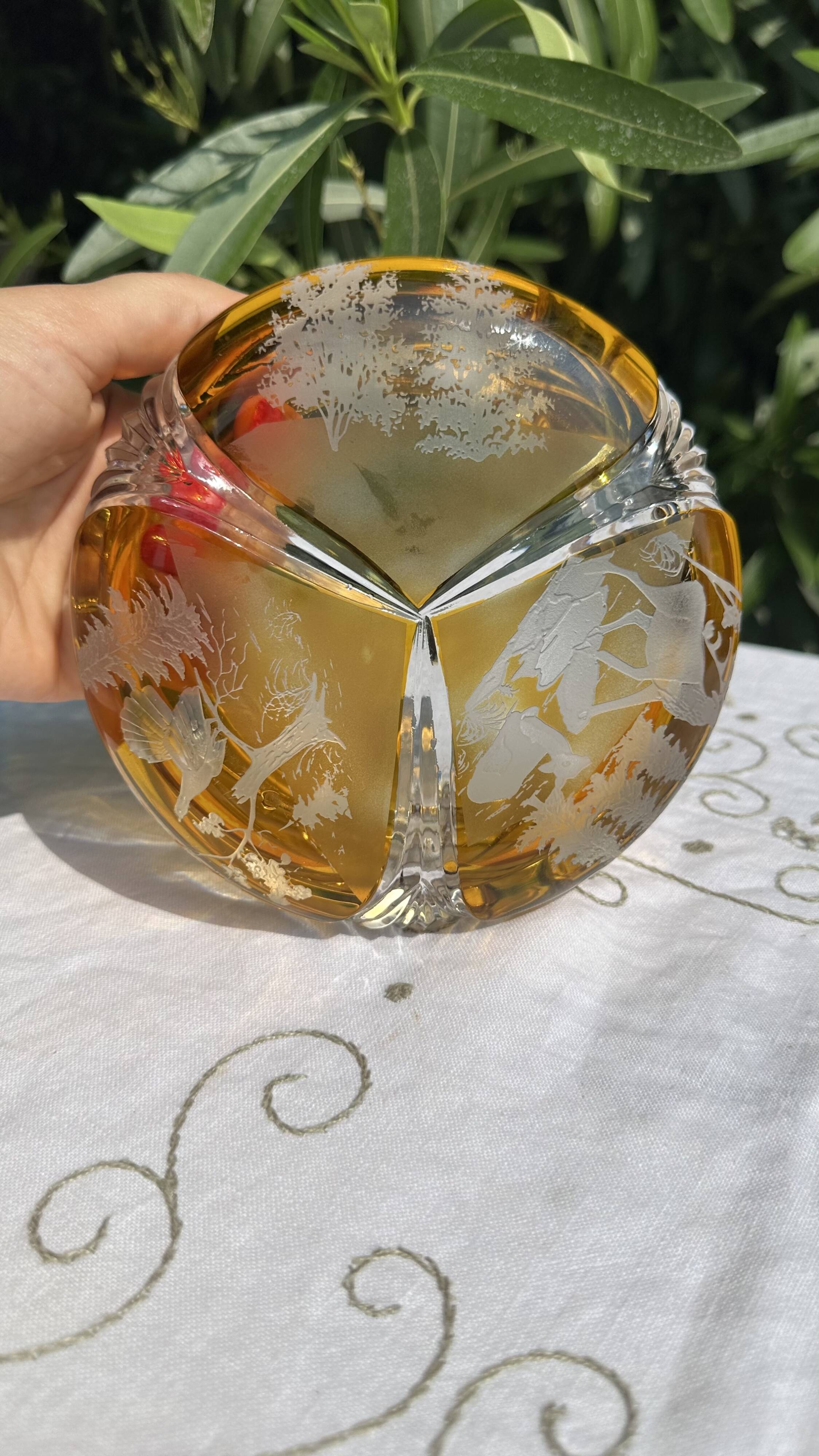 Magnificent Vintage Bohemian Ashtray in Cut Crystal of Yellow Orange