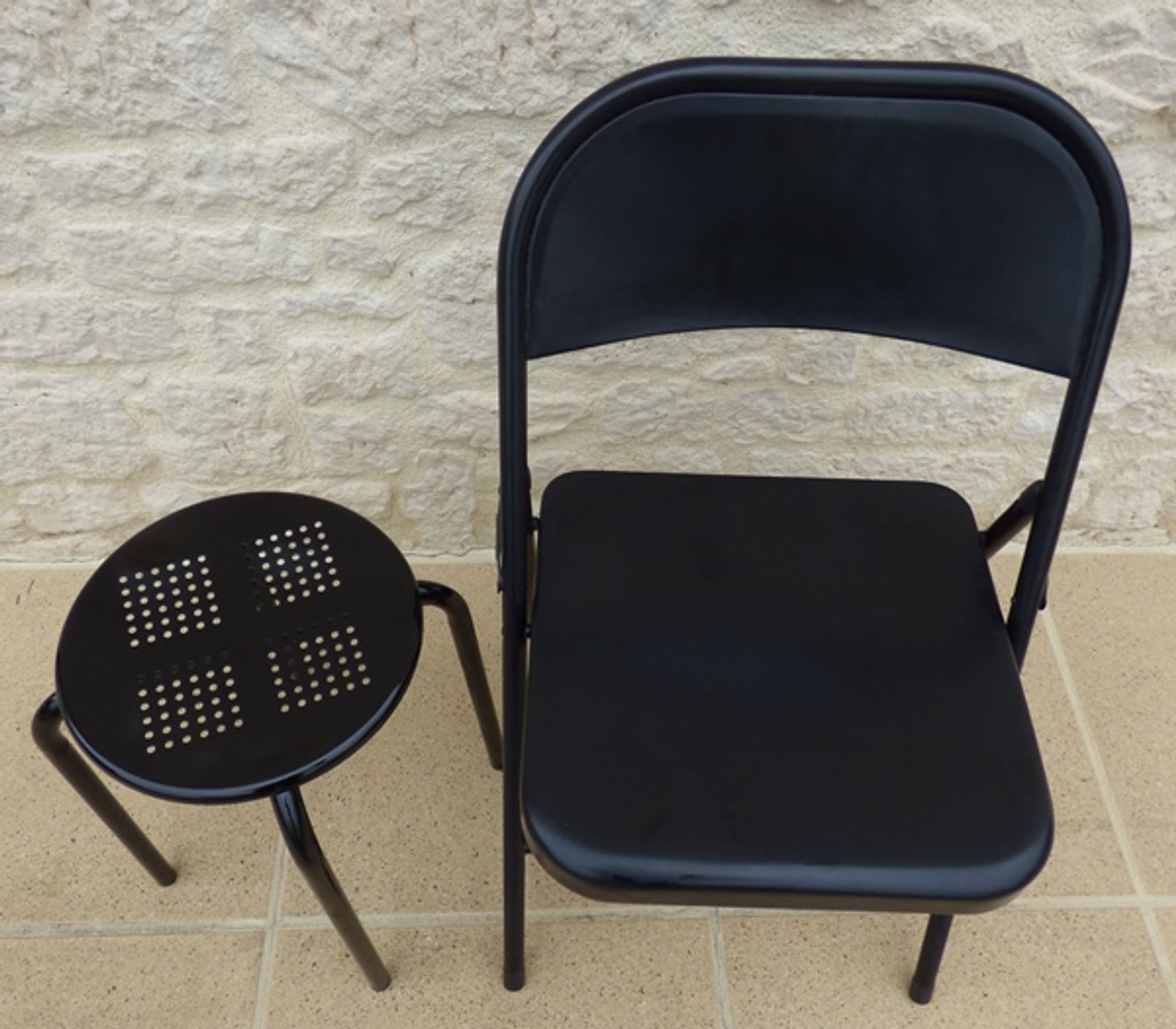 Black metal chair and stool set