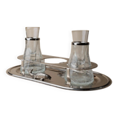 Ensemble de service vintage en métal argenté pour shots ou caviar - plateau, porte-glaces, verres, élégant des années 1970 en Italie.