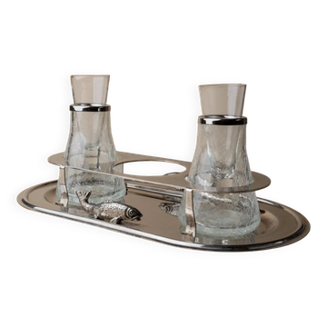 Ensemble de service vintage en métal argenté pour shots ou caviar - plateau, porte-glaces, verres, élégant des années 1970 en Italie.