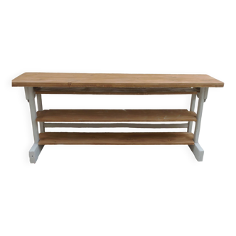 Vintage console craft furniture with pearl gray patinated base, waxed finish, raw wood tops