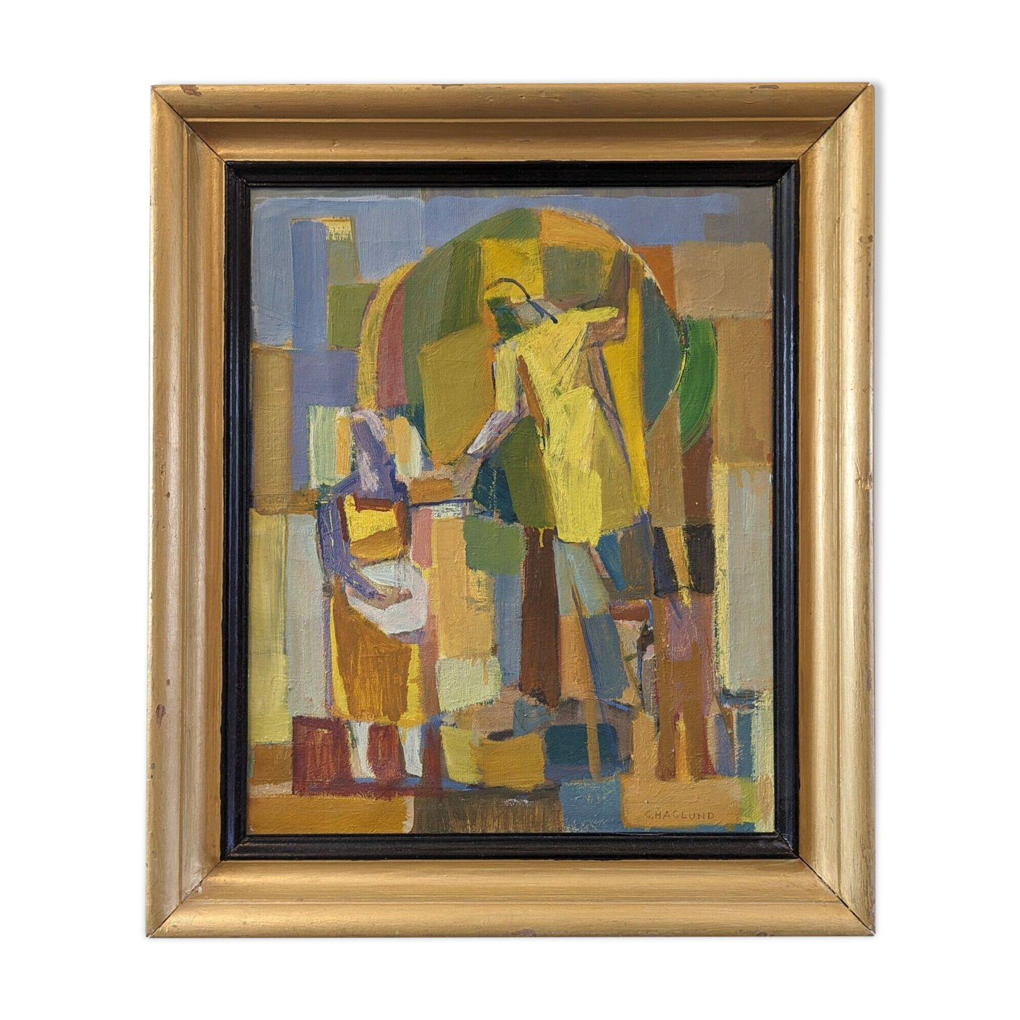 Mid-Century Modern Swedish "The Fruit Tree Pickers" Vintage Oil Painting, Framed