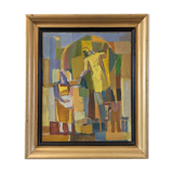 Mid-Century Modern Swedish "The Fruit Tree Pickers" Vintage Oil Painting, Framed