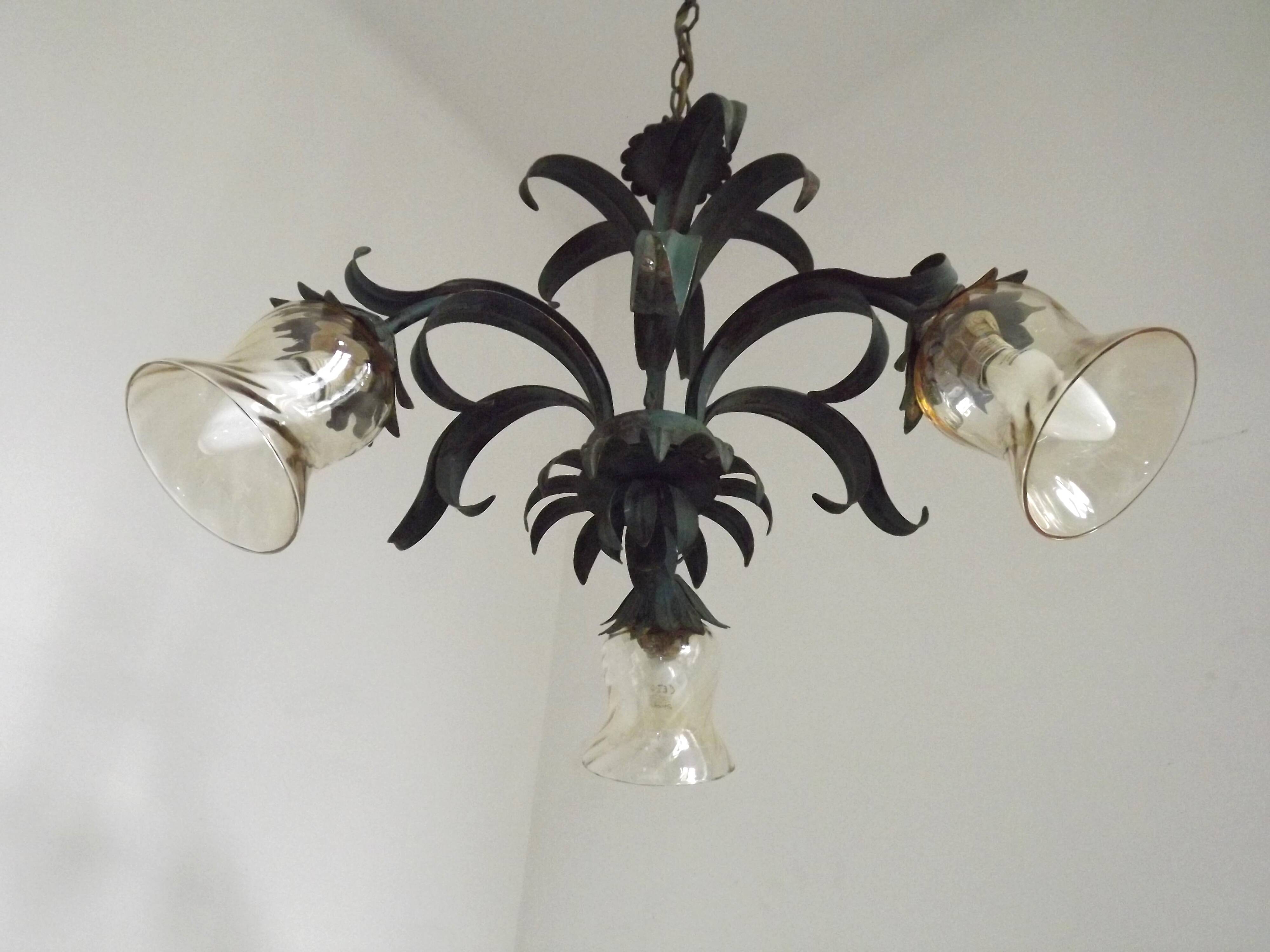 French vintage chandelier 3 lights green leaf amber glass 4966