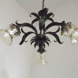 Vintage French Chandelier 3 Lights Green Leaves Amber Glass 4966