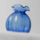 Cobalt Blue Hazel Atlas Glass Vase, 1930s Bulbous Form with Ruffled Lip and Embossed Underside