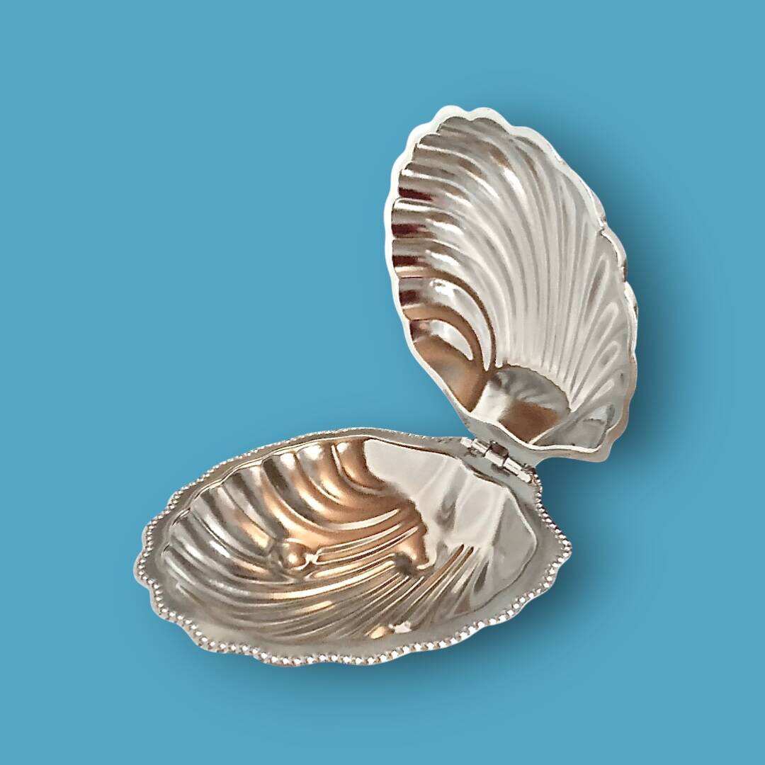 Vintage stainless steel and glass shell butter dish with knife - in its box