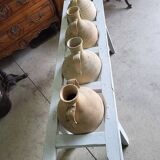 Antique painted wooden jar holder with 4 earthenware jars