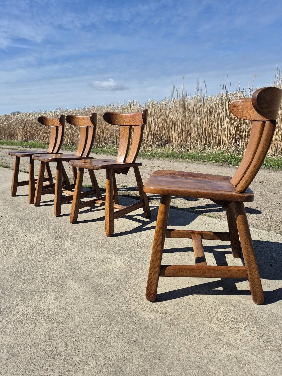 Brutalist set solid oak round dining table 4 chairs Depuydt Belgium